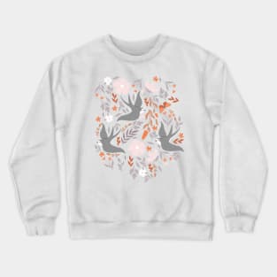 Swallows, meadow flowers and wild butterflies in the night, boho print Crewneck Sweatshirt